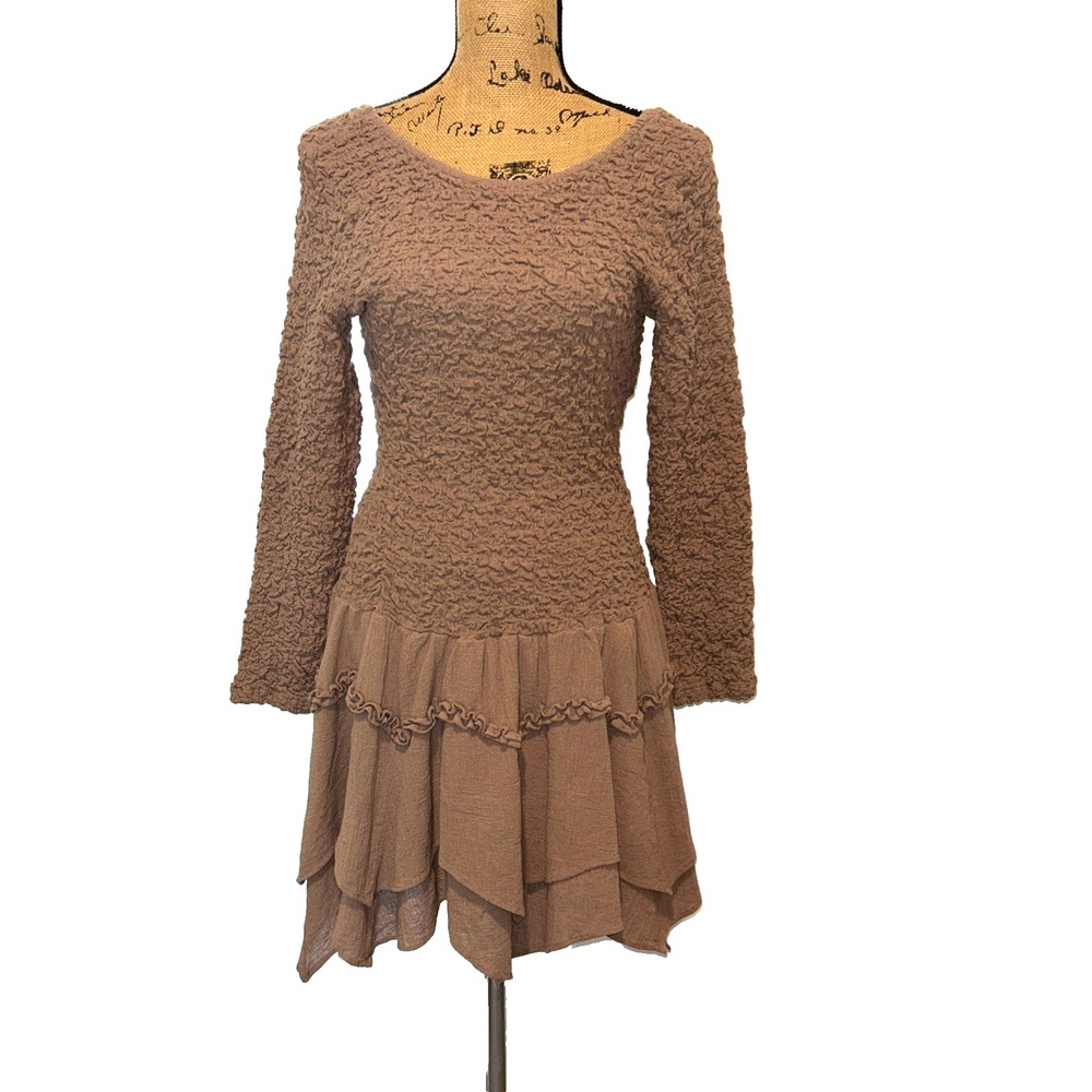 Free People‎ Cotton Mini Dress What A Time Drop-Waist Smocked Backless Brown M